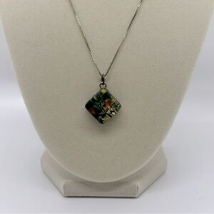 Glass Tile Diamond Shaped Pendant with 925 Sterling Silver Chain